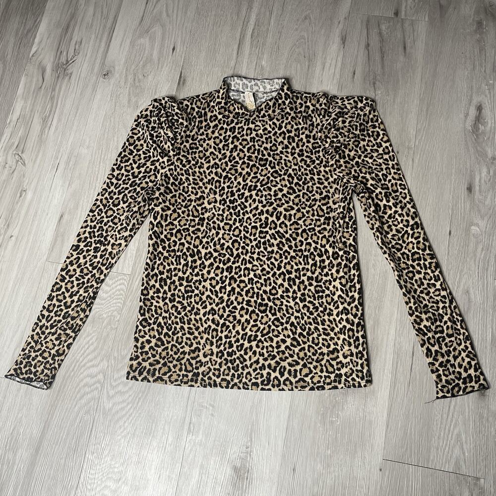 Misa Women’s Cheetah Long Sleeve Puff Shoulder Top Y2K Medium